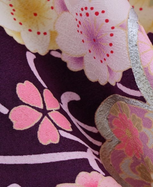 成人式振袖[4Lサイズ]紫に薄ピンクぼかし・ピンク橙黄のダリアと桜[身長167cmまで]No.649